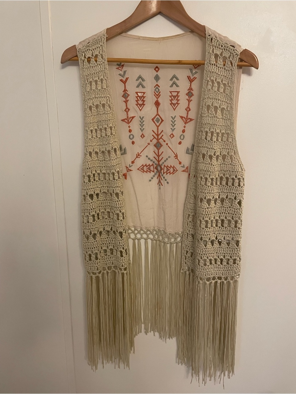 Boho Cream Crochet Fringe Vest - Lightweight Layering Size XL